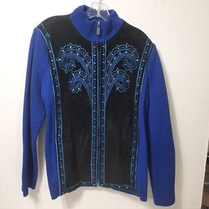 Bob Mackie Jacket Women's L Wearable Art Blue Embroidered  Suede Leather Knit